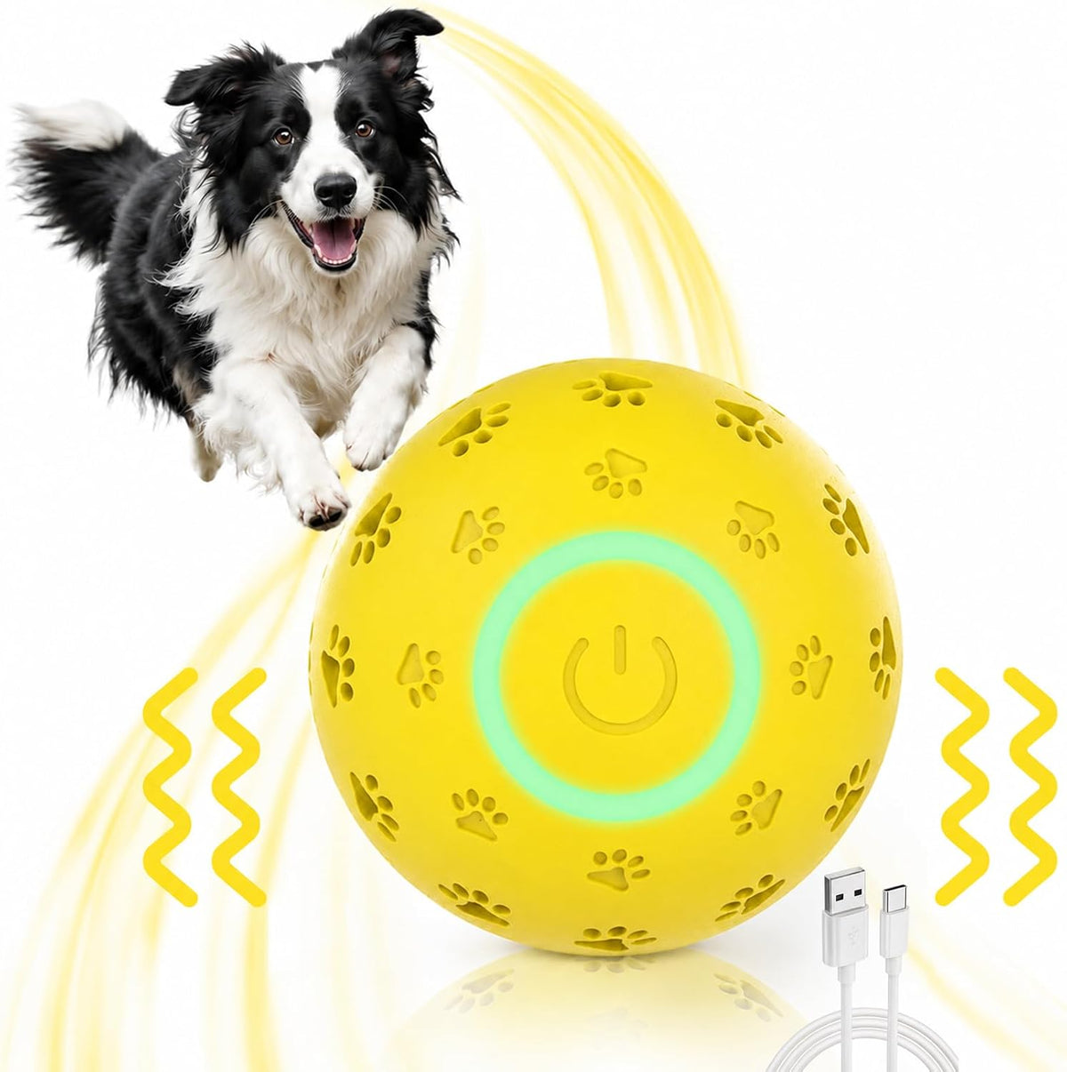 Interactive Dog Toy Ball, Durable Motion Activated Automatic Moving Ball for Small/Medium/Large Dogs, Rechargeable Dog Ball with LED Lights, 2 Play Modes to Keep Your Dog Busy (Yellow)