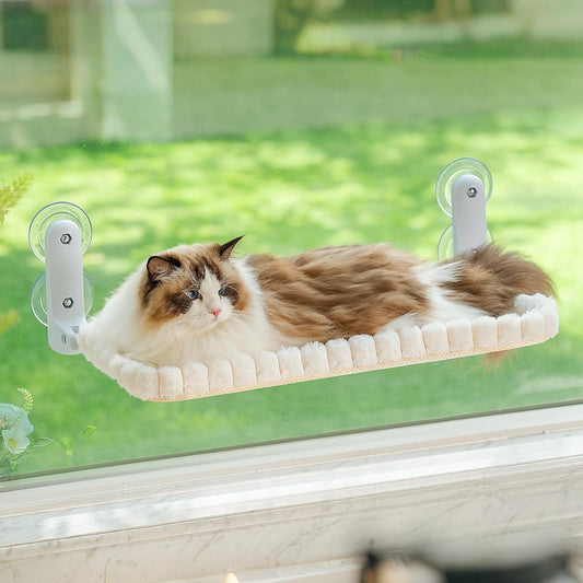 JUNSPOW Cat Window Perch, Foldable Cat Hammock, 4 Suction Cups White+Medium