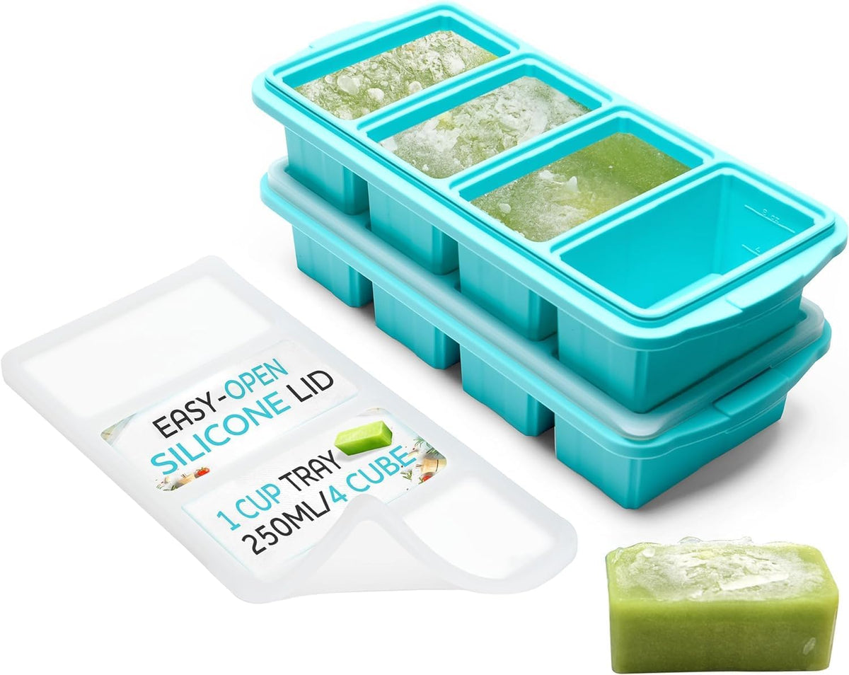 XOMOO Silicone Freezer Tray with Lid - Soup Freezer Container Molds - Large Ice Cube Tray- Makes 8 Perfect 1 Cup Portions Cubes, 2-Pack Freezer Storage Food Soups & Meal Prep - Oven & Dishwasher -Safe