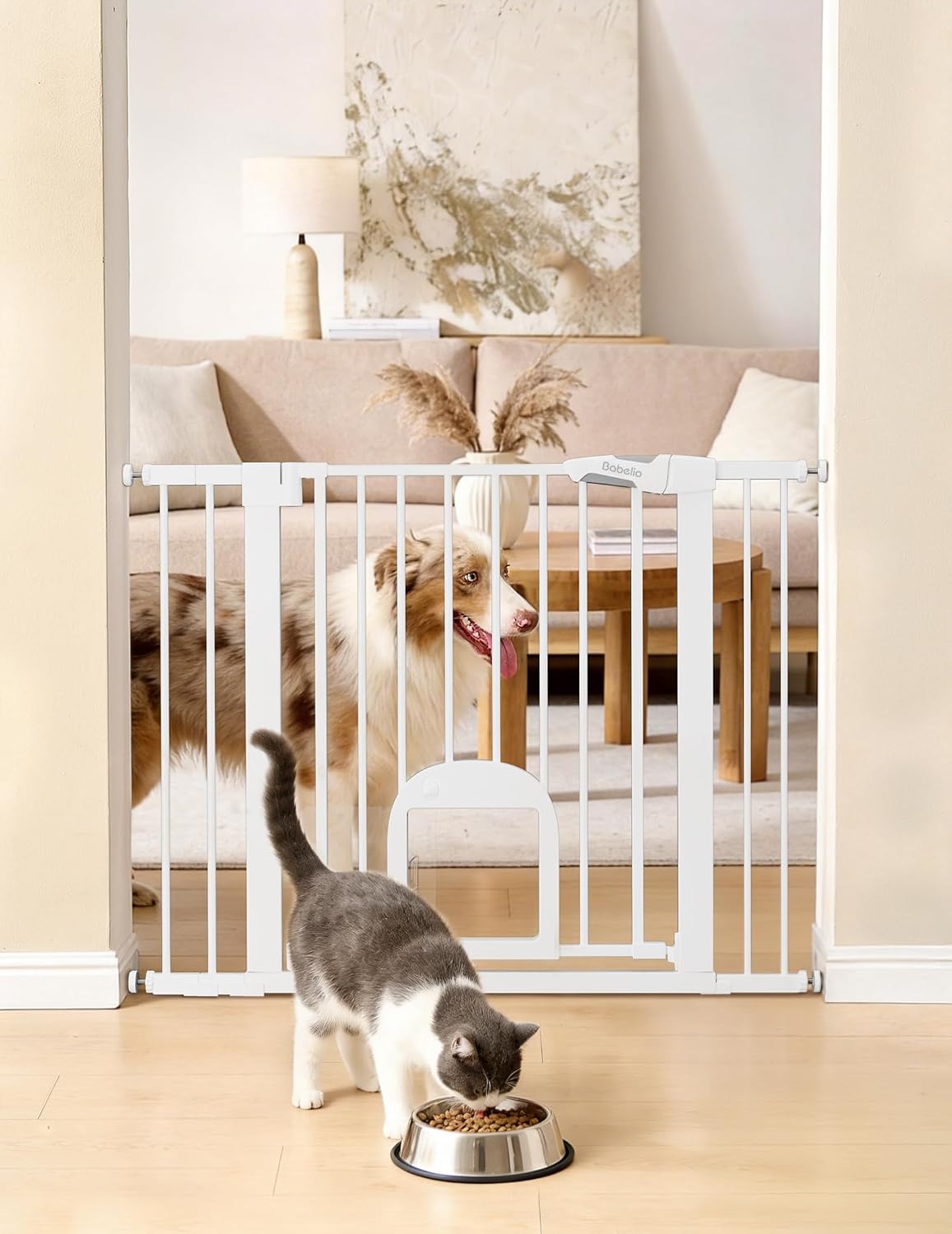 Babelio Dog Gate with Adjustable Cat Door, Catprivilege III, 29-43", White