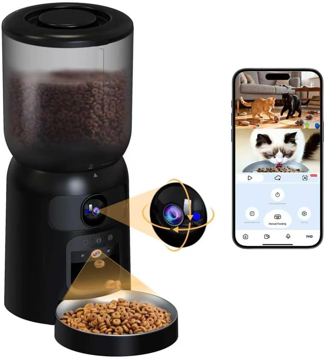 Automatic Cat Feeder with Camera, 5G Wifi Smart Pet Food Dispenser for Cats & Small Dogs, 6L Large Capacity Timed Auto Feeder with App Control, Night Vision, 2-Way Audio & Detachable Design (2 Camera)