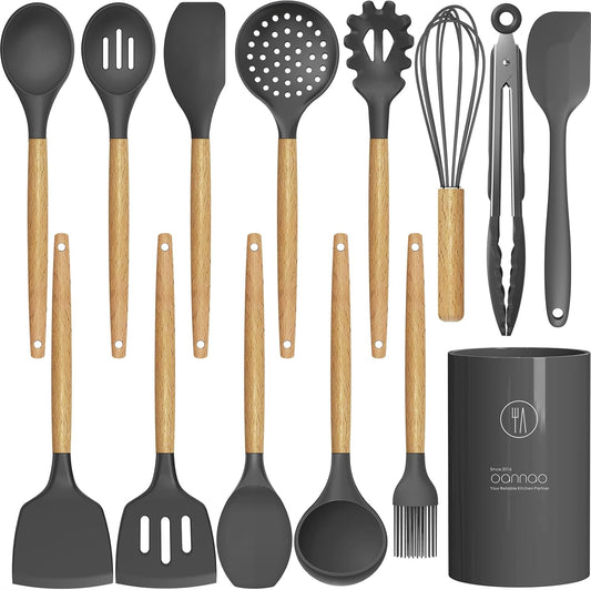 Oannao Silicone Cooking Utensils Kitchen Utensil Set - 446°F Heat Resistant Silicone Kitchen Utensils Set, Spatula,Turner Tongs, Spoon, Whisk,Kitchen Gadgets for Nonstick Cookware, BPA Free (Gray)