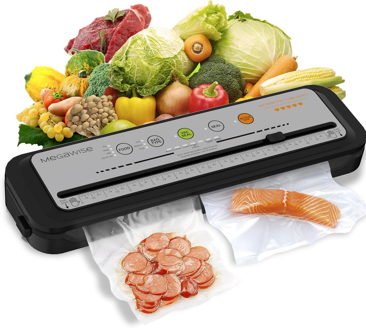 Updated Vacuum Sealer Machine 2025, MEGAWISE Food Sealer W/Starter Kit, Dry & Moist Food Modes, Compact Design with 10 Vacuum Bags & Built-In Cutter (Grey)