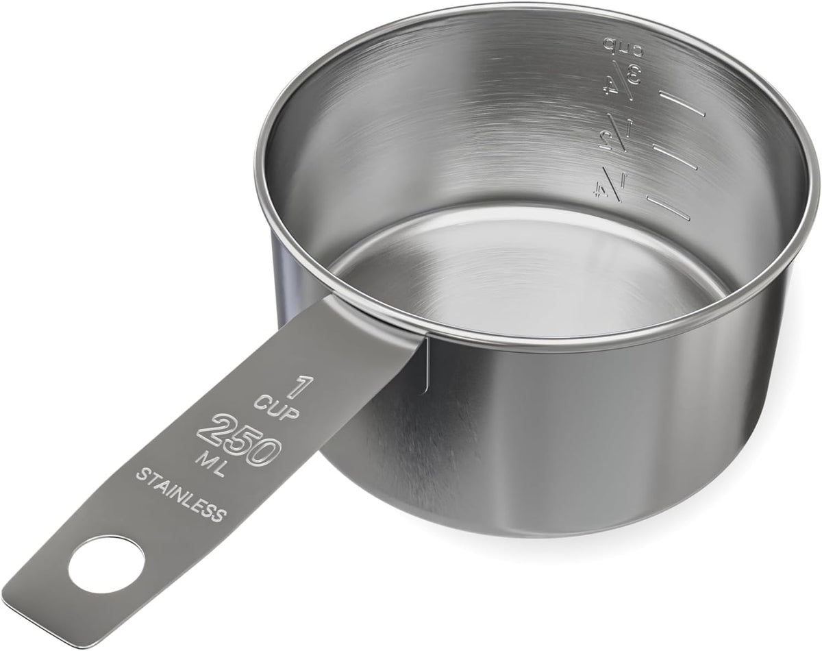 1 Cup Stainless Steel Measuring Cup | Sturdy Metal 250 Ml | 240 Cc | 8 Oz | Single Cup for Wet and Dry Ingredients | Great for Use as 1 Cup Dog Food Scoop - 1 PK