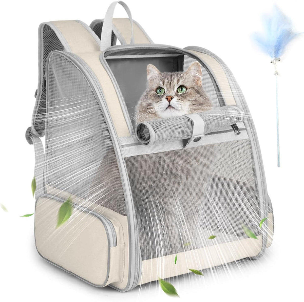 Cat Backpack Carrier, Small Dog Carrier Backpack with Fully Ventilated Mesh, Kitten Wand Feather Toy & Safety Leash, Collapsible Travel Hiking Pet Carrier for Small Dogs Cat Puppy Kitten Bunny (Beige)
