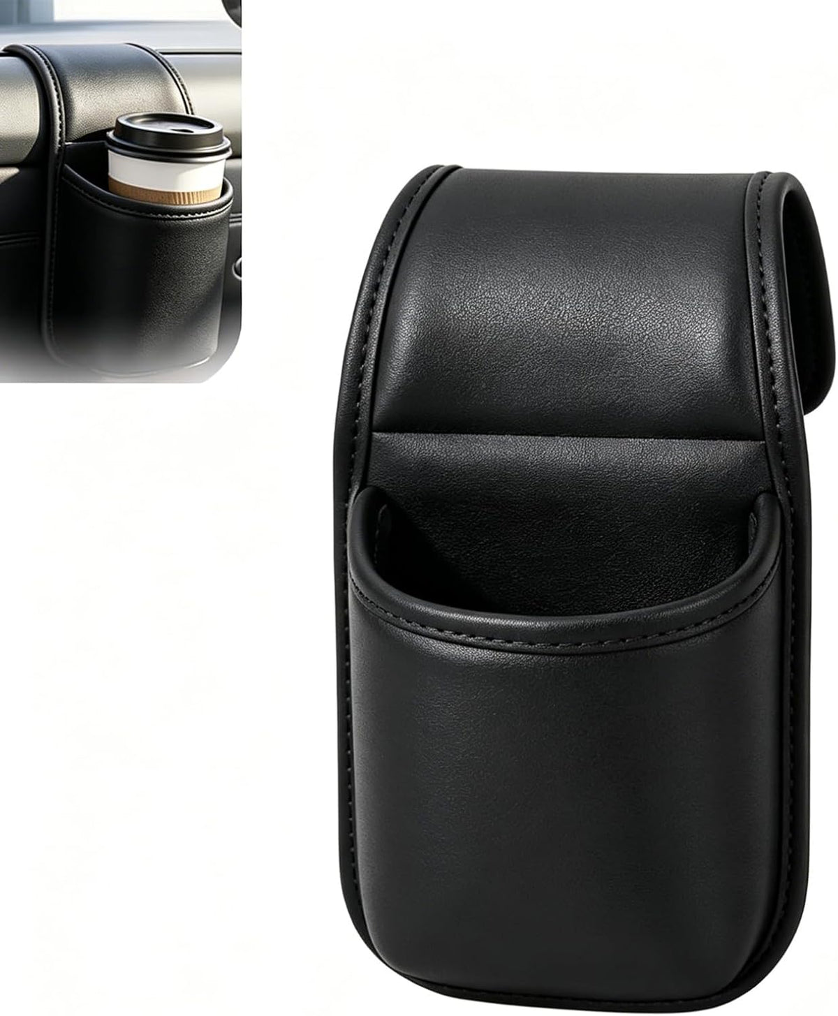 Leather Car Door Side Hanging Pouch, Multi-Purpose Window Mount Organizer for Phone Drink Bottle Sunglasses, Anti-Sag Extra Cup Holder, Vehicle Interior Accessories, Black