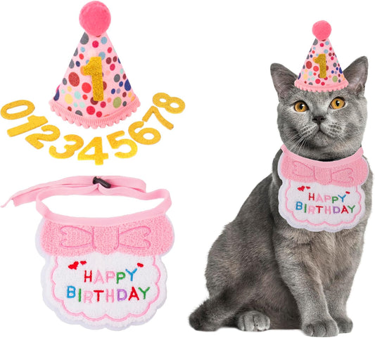 ADOGGYGO Cat Birthday Hat Bandana Set, Pink Girl Kitten Birthday Outfit