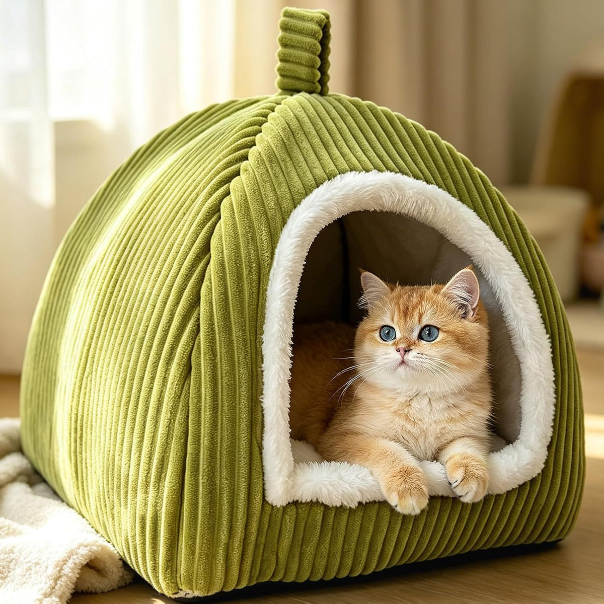 Comfist Cat Cave Bed for Indoor Cats, Green, with Removable Cushion