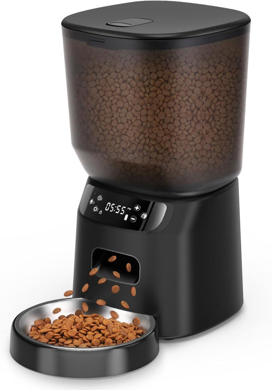 Automatic Cat Feeder, Cat Food Dispenser with Stainless Steel Bowl, Timed Portion Control 20 Portions 6 Meals per Day, Voice Recorder, Dual Power Supply for Small Dogs
