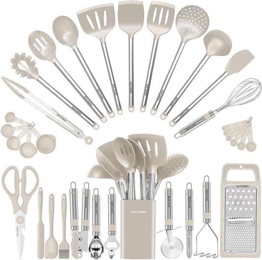 Kitchen Utensil Set-Silicone Cooking Utensils-33 Kitchen Gadgets & Spoons for Nonstick Cookware-Silicone and Stainless Steel Spatula Set-Best Kitchen Tools, Useful Pots and Pans Accessories