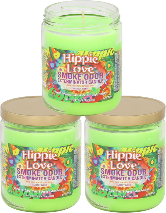Smoke Odor Exterminator 13 Oz Jar Candles Hippie Love, (3) Set of Three Candles.