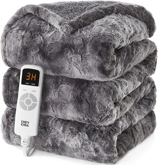 EHEYCIGA Electric Heated Throw Blanket 50"X60", Faux Fur & Sherpa, Grey