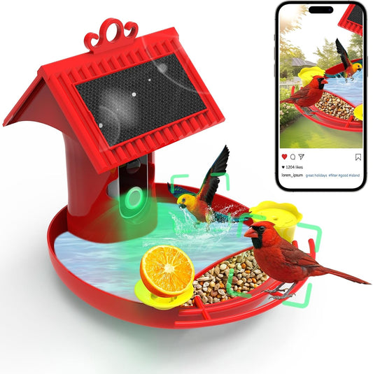 Bird Feeder with Camera - 4K HD Live View, Smart Bird Feeder Solar Powered, AI Recognition Auto Capture Video, 3-In-1 Feeding & Bathing & Hummingbird, Outdoor Garden Bird House (Red)
