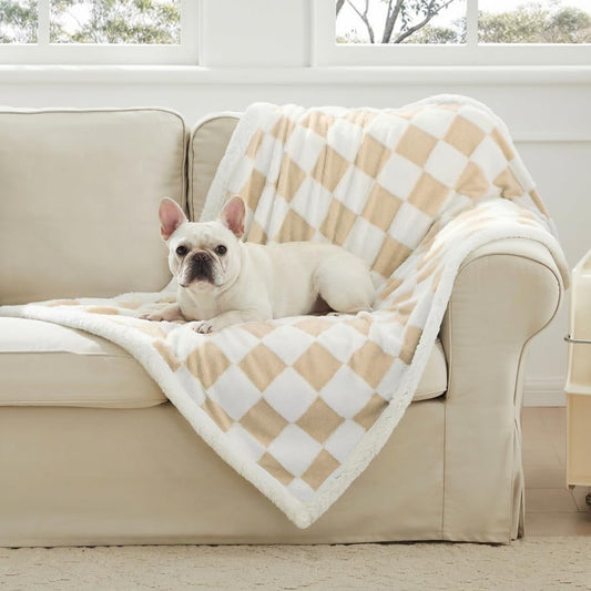 Ohocut Checkered Dog Blanket, Beige Khaki Jacquard Sherpa Blankets for Small Dog and Cats, Cute Aesthetic Style Fluffy Fleece Pets Blanket for Couch Protection Washable, 25"X35"