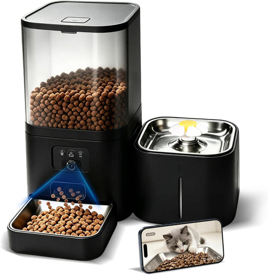 Automatic Cat Feeder with Camera, 2-In-1 Cat Food & Water Dispenser