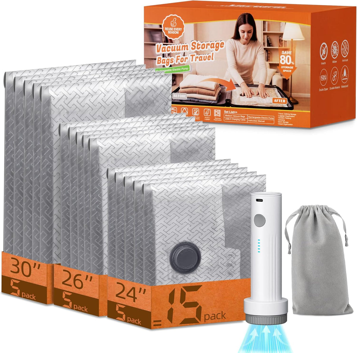 Vacuum Storage Bags with Rechargeable Wireless Air Pump 15 Combo
