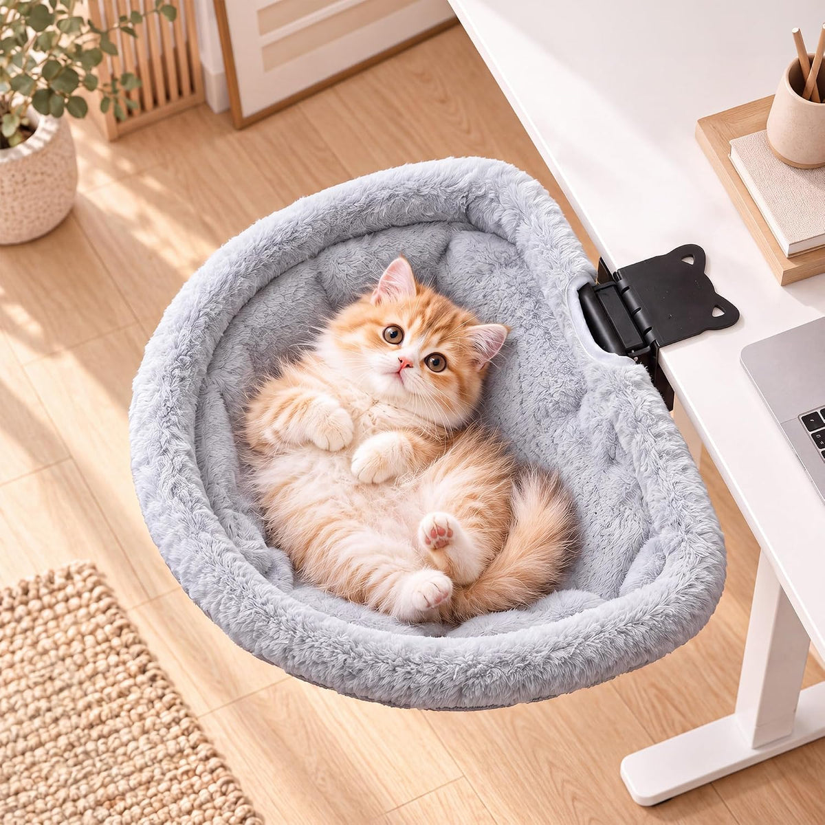 Claiks Cat Desk Bed, Desk Mounted Cat Hammock, 40 Lbs Capacity, Light Gray