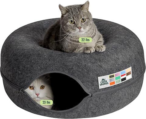 Peekaboo Cat Cave Donut for Multiple & Large Cats up to 30-45 Lbs, 3-In-1 Self Warming Cat Bed, Tunnel & Scratcher for Indoor Cats, Washable & Detachable Small Dog Bed (Light Gray, Large)