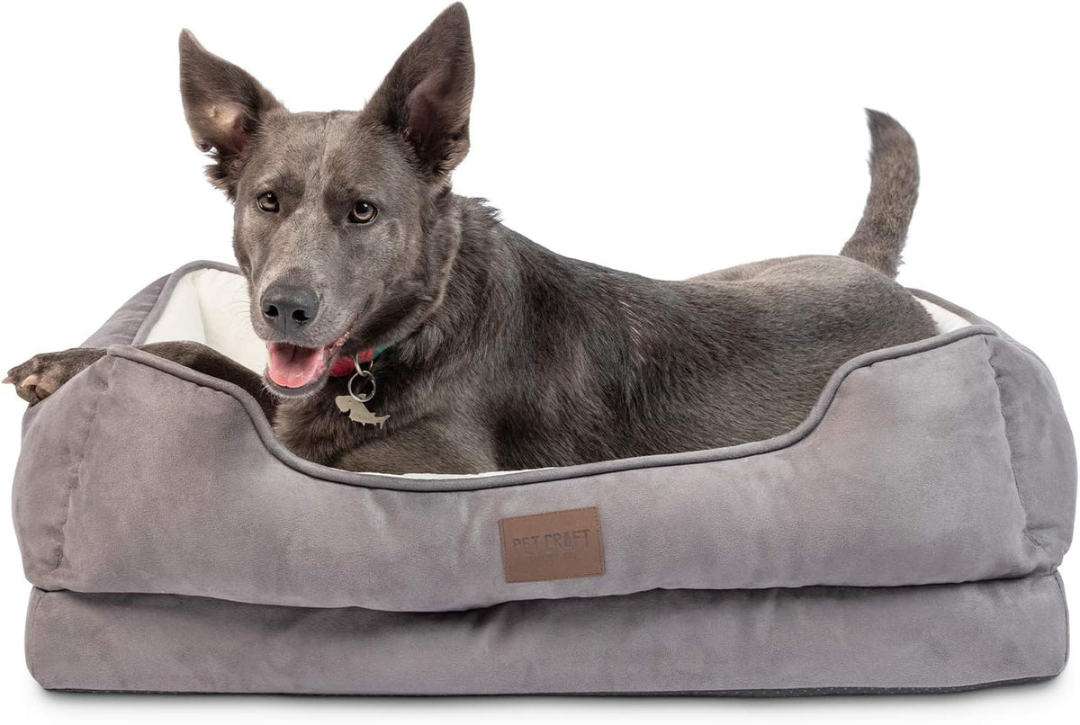Pet Craft Supply Premium Orthopedic Lounger Dog Bed Sofa Style Couch Removable Washable Cover Joint Arthritis Relief Bolster Headrest Pet Bed for Small Dogs Medium Large Breed Dogs, Cream (8730)