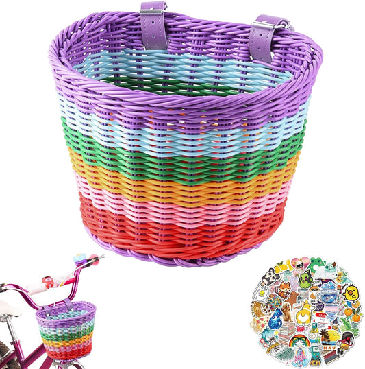Multi-Color Hand-Woven Oval Kids Bike Basket with Leather Strap