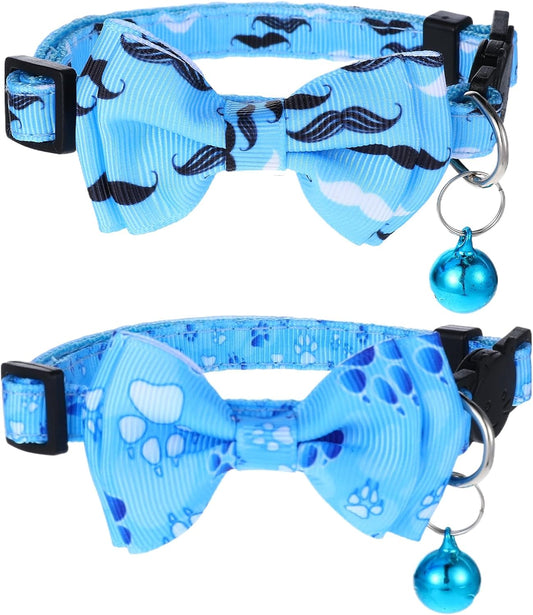 2 Pack Kitten Collar with Bell Breakaway Cat Collars with Removable Bow Tie (Blue)