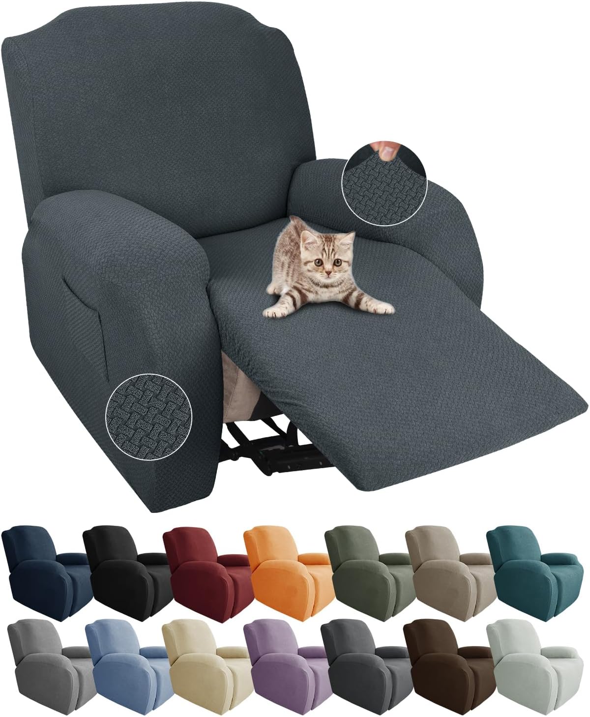 JIVINER Stretch Recliner Chair Covers with Pocket 4 Piece Chair Covers for Reclining Chair Furniture Protector Soft Recliner Cover with Elastic Bottom (Recliner, Dark Gray)