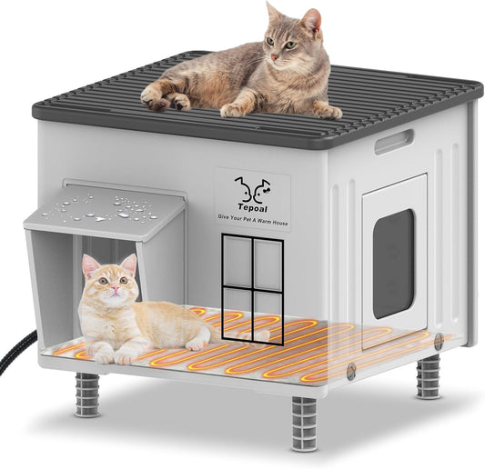 17.7"X17"X17.5" Indestructible Heated Cat House for outside Winter, Weatherproof outside Cats Shelter with Safety Escape Doors and Heating Pads, Elevated Feral Cat House for Wild and Stray Cats