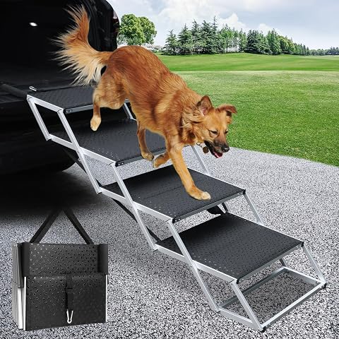 Pet Stairs - Home and Vehicle Foldable Nonslip Dog Steps with 4-Step Design - for Puppies, Kittens, and Other Small Pets by PETMAKER (Tan)