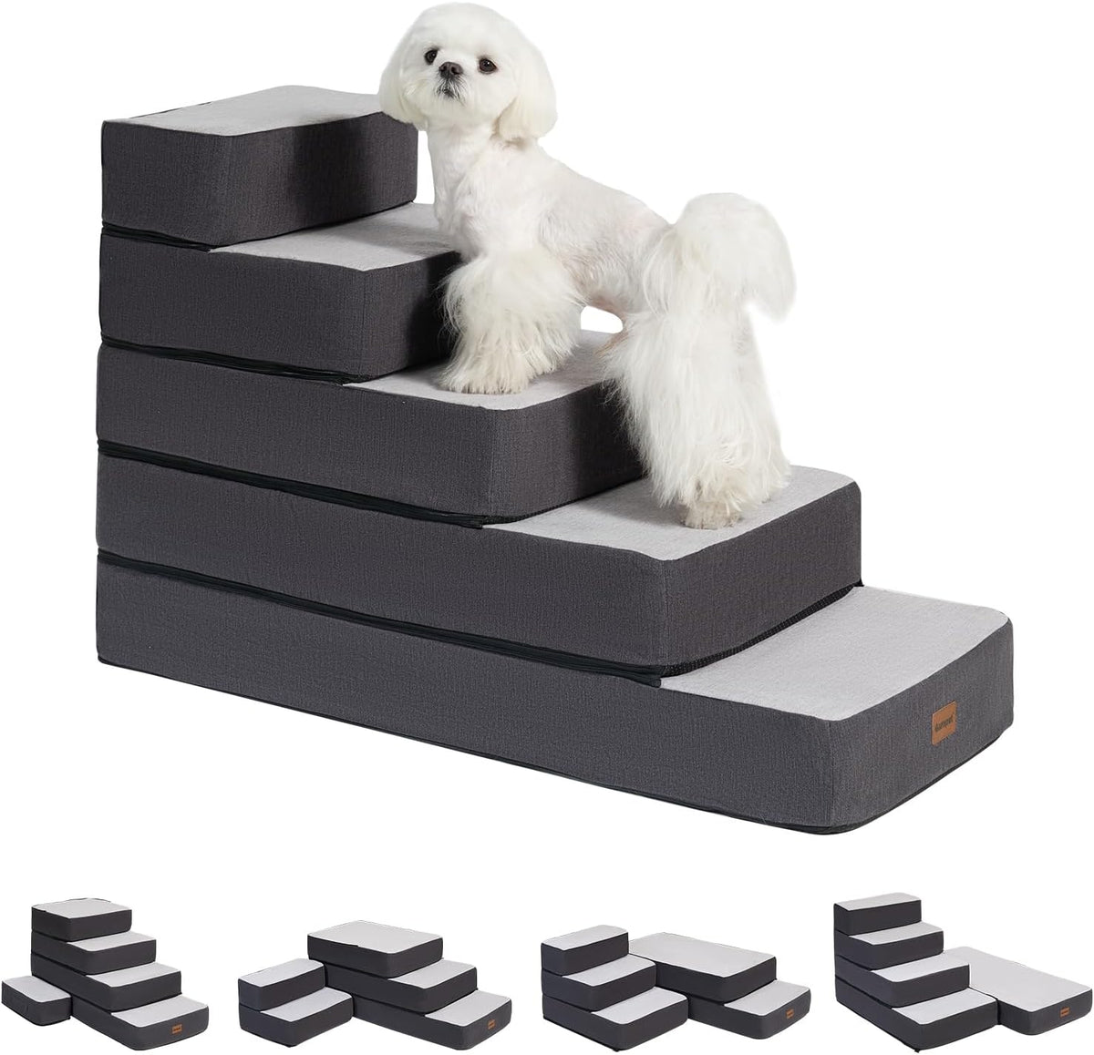 Garnpet 5-Step Adjustable Dog Stairs for High Beds, Dog Steps for Small Dogs and Cats, Foldable Pet Stairs for Bed Climbing, Non-Slip Pet Step Indoor, Grey