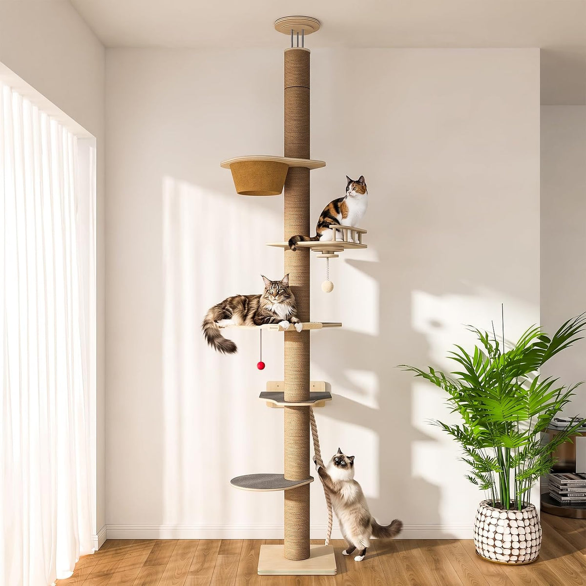 Cat Tree Floor to Ceiling, Cat Tower with Hammock & Perch, Scratching Post