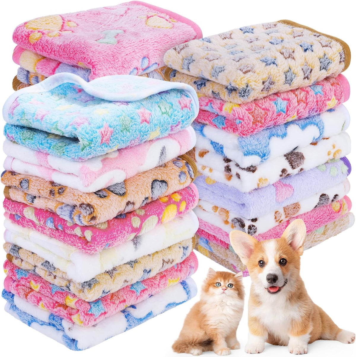 MCEAST 24 Pack Paw Print Plush Pet Blankets 24 X 16 Ultra-Soft & Cozy Small Dog Cat Bedding Mats with 12 Stylish Designs Machine Washable Multipurpose Fluffy Throw for Kennel, Sofa, Travel