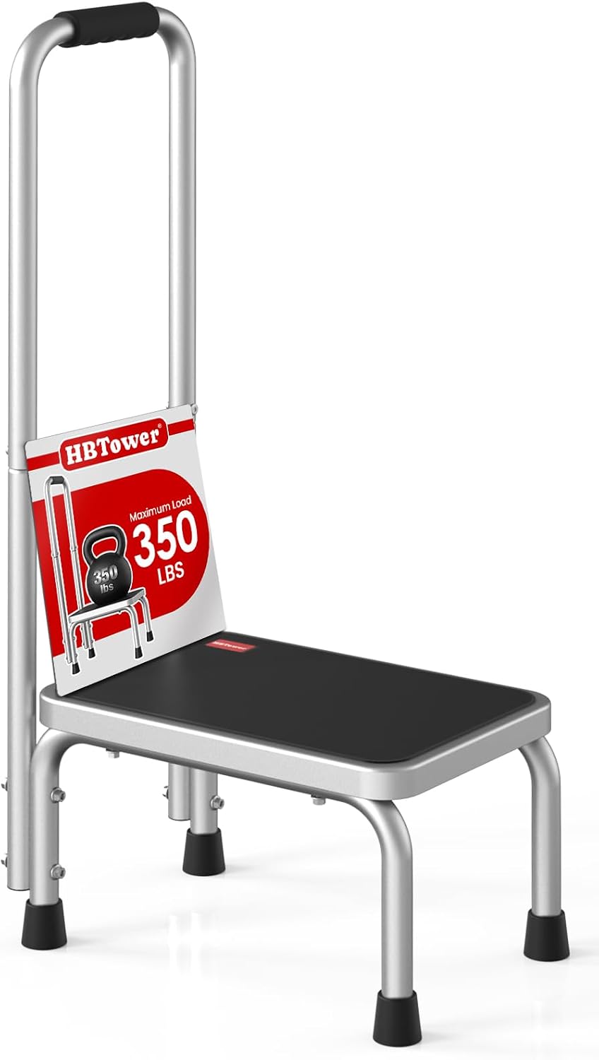 Hbtower Step Stool with Handle for Adults, Heavy Duty Step Stool, Silver