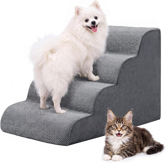 DUMOS Dog Stairs for Small Dogs and Cats, 4-Step Curved Pet Dog Steps, Grey