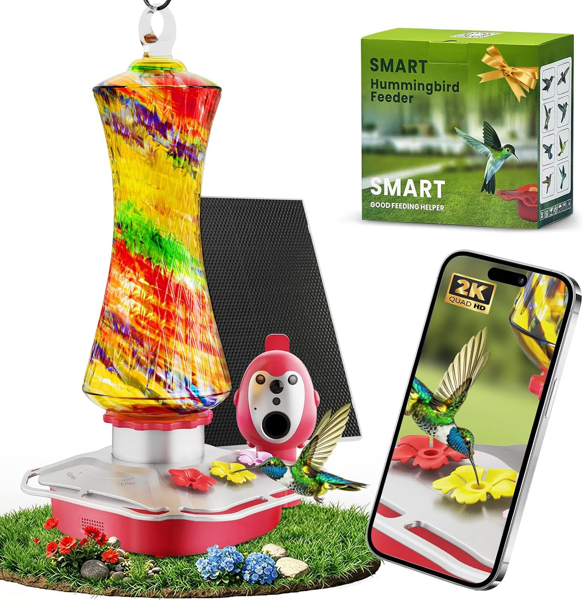 Hummingbird Feeder with Camera, 2K Smart Bird Feeder with AI Bird Detection & App Alerts, Solar Powered Bird Feeder Camera with Water Level Monitor, Hand-Blown Glass Hummingbird Feeder for Outdoors