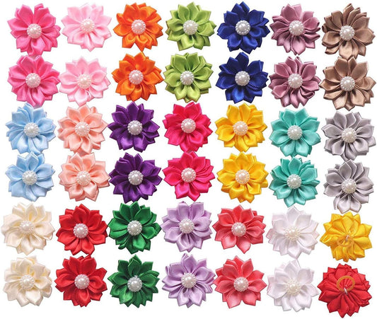 YAKA 40Pcs(20Paris) Cute Dog Hair Bows with Rubber Bands Pearls Flowers Topknot Dog Bows Pet Grooming Products 20 Colors