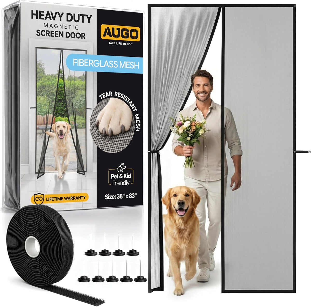 AUGO Heavy Duty Magnetic Screen Door – Fiberglass Pet Resistant Mesh, Self Sealing Hands Free Magnetic Closure, Tear Resistant Door Screen Keeps Bugs Out, Patent Pending Keep Open Feature – 38” X 83”