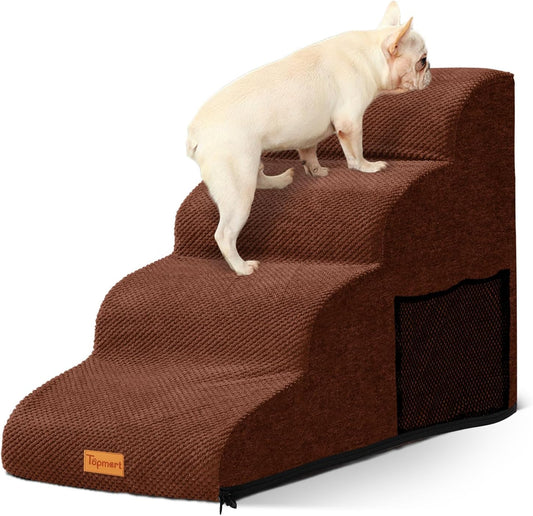 4-Step Dog Stairs for Small Dogs, Non-Slip Foam Pet Steps for High Beds