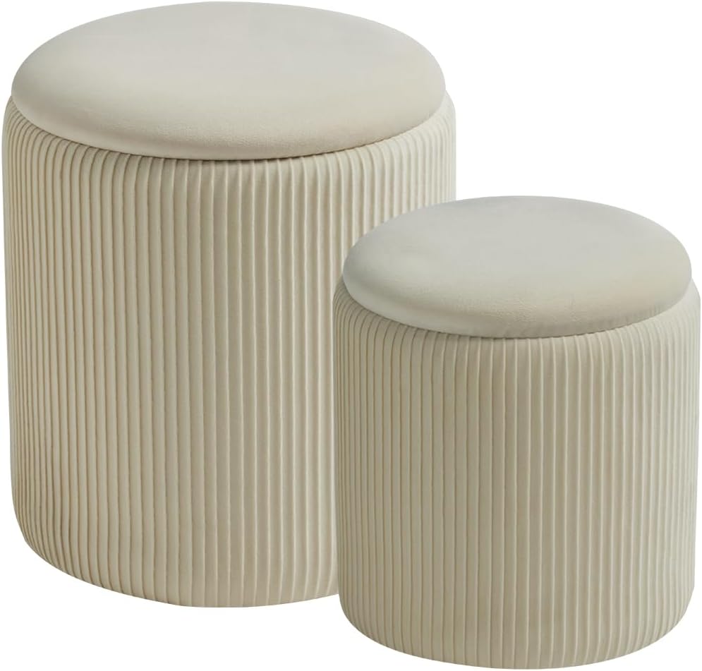 BLEXA Set of 2 round Storage Ottoman, White Velvet Ottoman with Storage