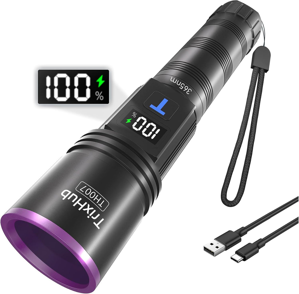 Trixhub 365Nm Black Light UV Light Flashlight Rechargeable with LCD Display