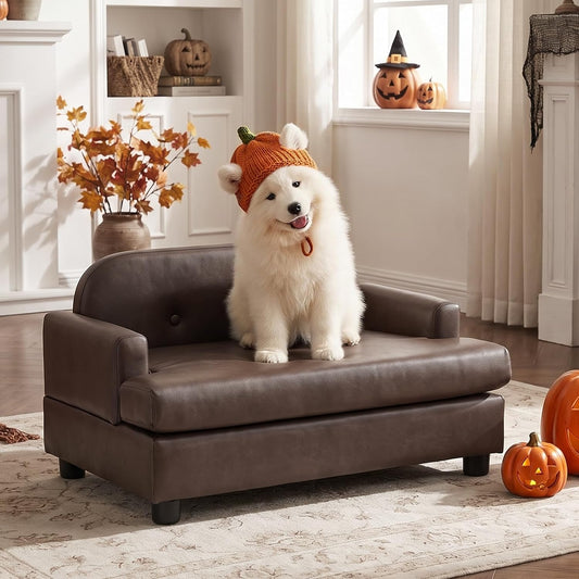 Luxury Dog Sofa Bed Elevated Pet Couch with Durable Waterproof Leather