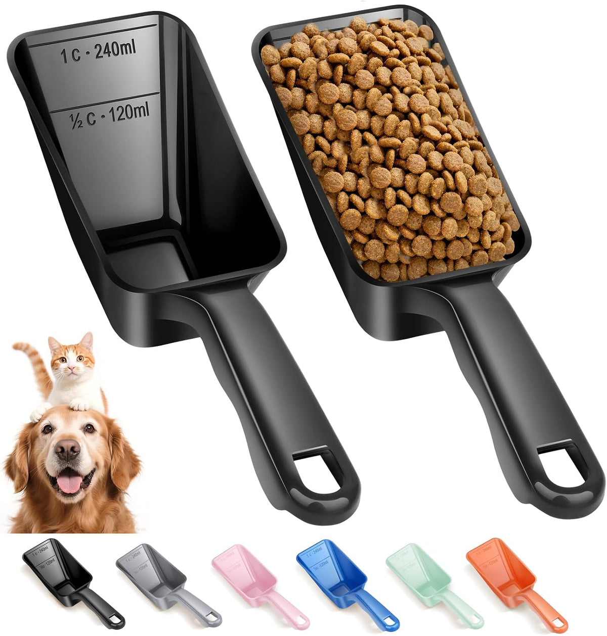 2-Pack Dog Food Scoop 1 Cup, Plastic Pet Food Measuring Scoop with Measuring Lines (1/2 & 1 Cup Markings) for Dogs, Cats, Fish, Bird（Black)