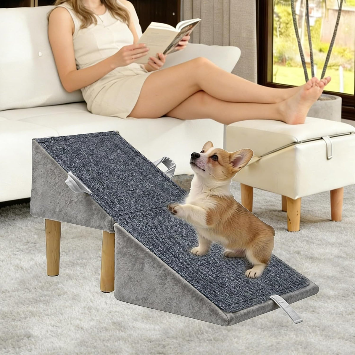 Split Ottoman Dog Ramp for Small Dogs and Cats – 2-In-1 Foldable Wooden Pet Ramp and Stairs for Couch and Low Bed, or Ottoman, Non-Slip and Portable, Grey