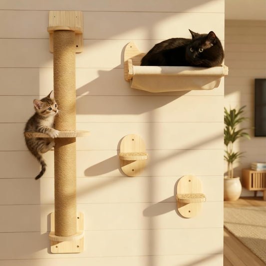 4-In-1 Window & Wall Mount Cat Wall Shelves – Hammock, Steps & Scratching Post with Landing | Space-Saving Pet Furniture for Glass & Drywall | Modern Cat Window Perch | Fits up to 40 Lbs