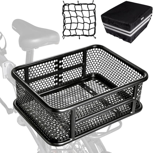 RAYMACE Bike Basket Rear with Reflective Waterproof Cover and Cargo Net, Perforated Design Large Bicycle Basket Fits for Electric Bike, Mounted Rear or Front Rack-Patent Pending