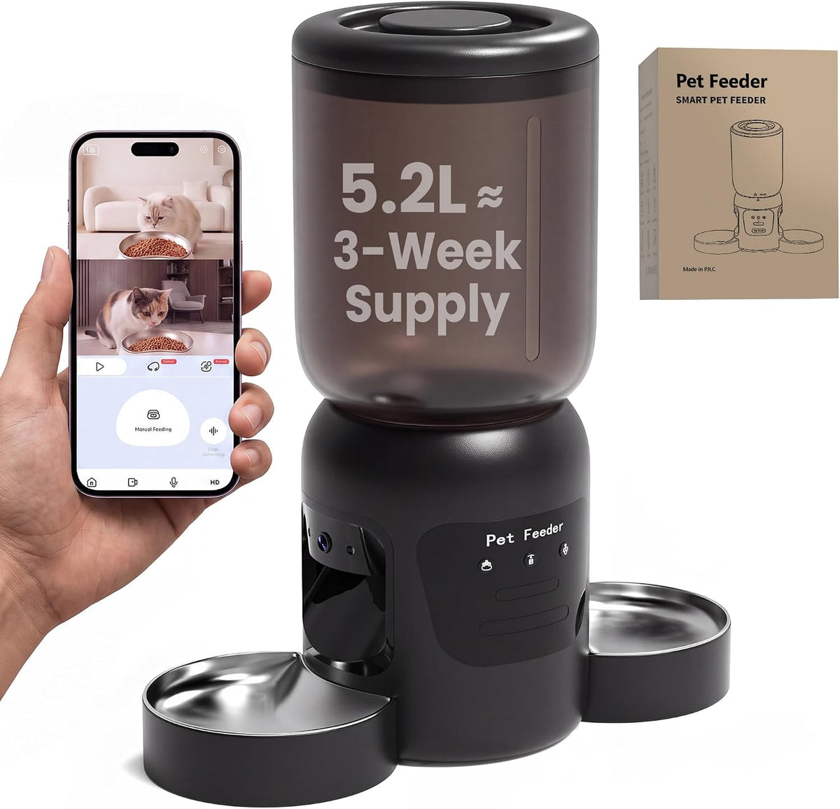 Automatic Cat Feeder with Camera, 5.2L Smart Food Dispenser for Cat & Dog