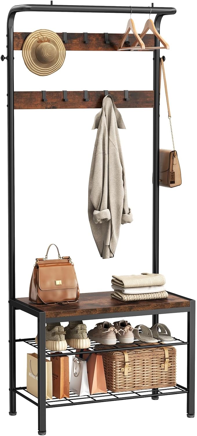 Hall Tree with Bench and Shoe Storage, 4-In-1 Entryway Organizer with 10 Hooks and Storage Shelf,Coat Rack Freestanding with 2-Tier Storage Shelf for Living Room, Bedroom Rustic