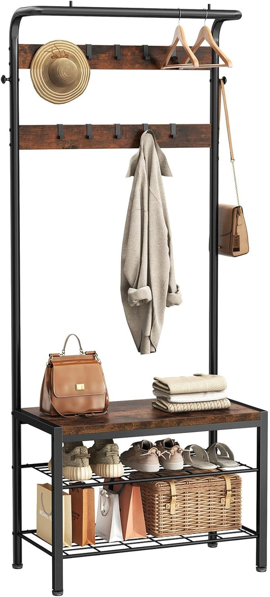 Hall Tree with Bench and Shoe Storage, 4-In-1 Entryway Organizer with 10 Hooks and Storage Shelf,Coat Rack Freestanding with 2-Tier Storage Shelf for Living Room, Bedroom Rustic