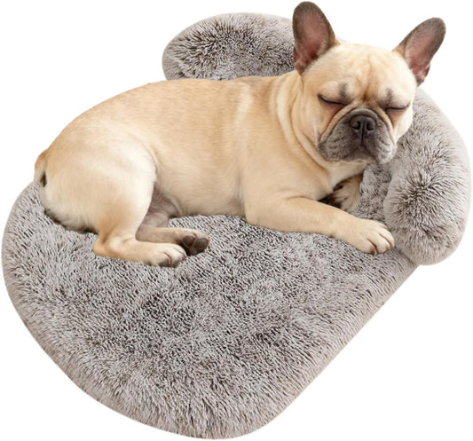 Orthopedic Dog Bed with Egg-Crate Base, Calming Dog & Cat Beds Long Plush with Raised Edges, Spine Friendly Pet Sleeping Mat for Small Medium Dogs, Machine Washable (Oval, Beige 26"X20")