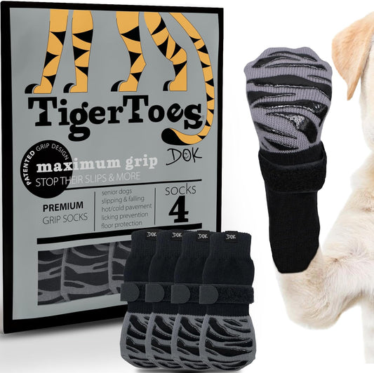 DOK Tigertoes Premium Non-Slip Dog Socks for Hardwood Floors - Extra-Thick Grip That Works Even When Twisted - Prevents Licking, Slipping, and Great for Dog Paw Protection - Size Large