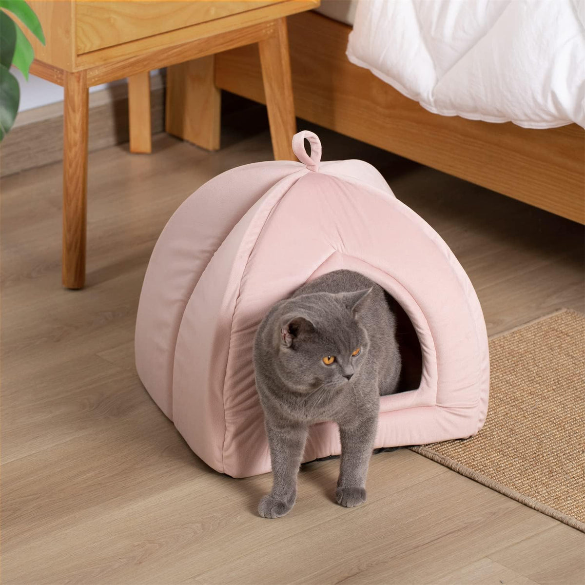 KASENTEX Cat Bed for Indoor Cats, 2-In-1 Cat House Pet Supplies for Large Cat or Small Dog - Animal Cave, Cat Tent with Removable Washable Pillow Cushion (Pink, 19X19X19)